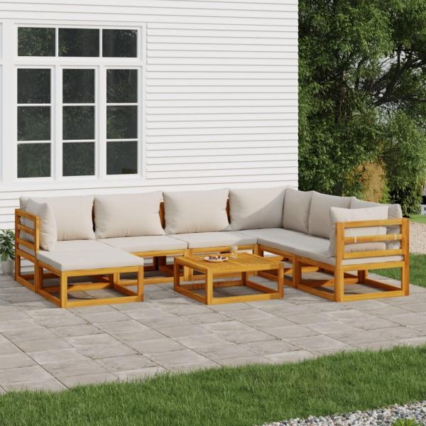 ARDEBO.de - 8-tlg. Garten-Lounge-Set mit Hellgrauen Kissen Massivholz