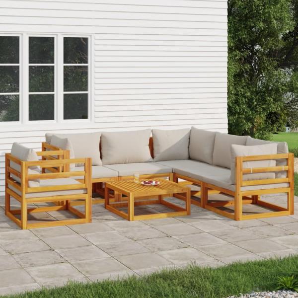 ARDEBO.de - 7-tlg. Garten-Lounge-Set mit Hellgrauen Kissen Massivholz