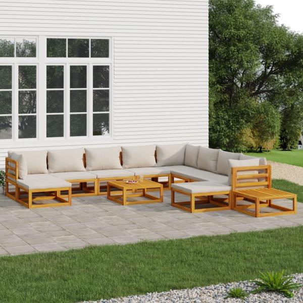 ARDEBO.de - 12-tlg. Garten-Lounge-Set mit Hellgrauen Kissen Massivholz