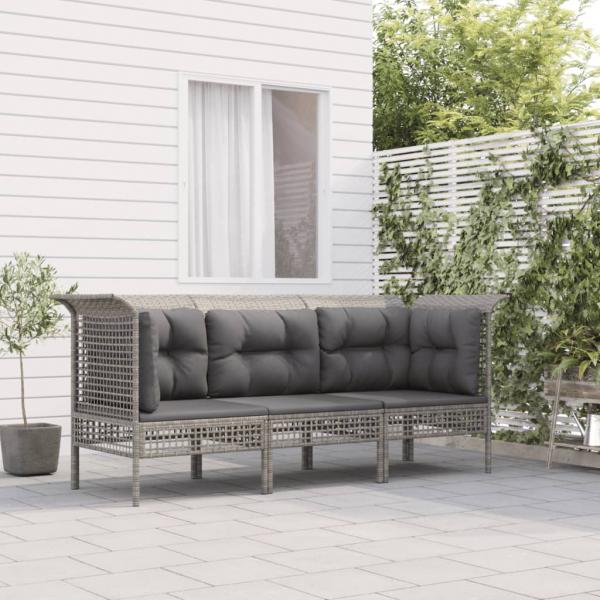 ARDEBO.de - 3-tlg. Garten-Lounge-Set mit Kissen Grau Poly Rattan