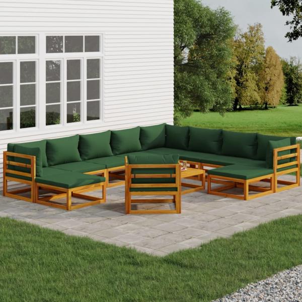 ARDEBO.de - 12-tlg. Garten-Lounge-Set mit Grünen Kissen Massivholz