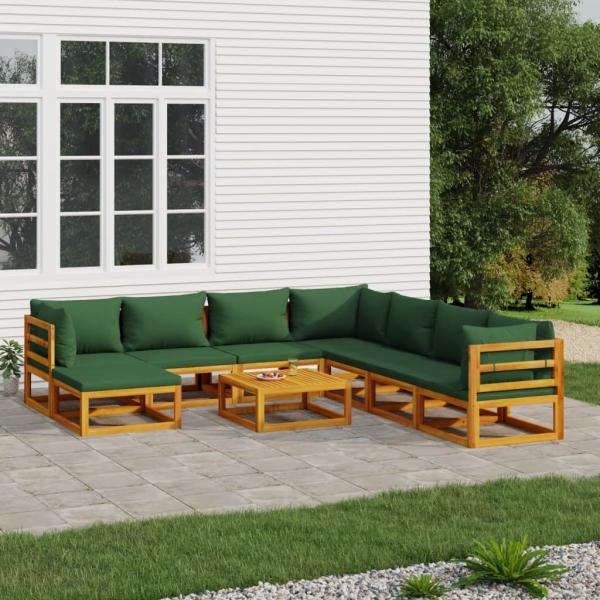 ARDEBO.de - 9-tlg. Garten-Lounge-Set mit Grünen Kissen Massivholz