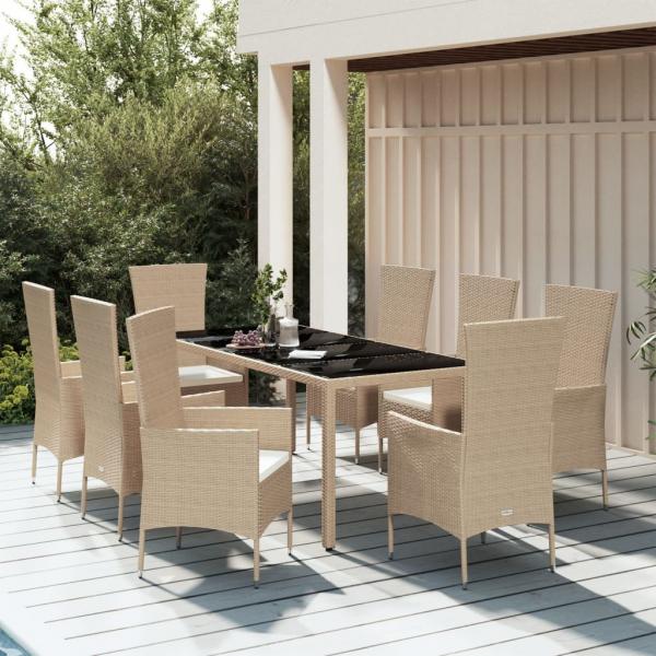 ARDEBO.de - 9-tlg. Garten-Essgruppe mit Kissen Beige Poly Rattan