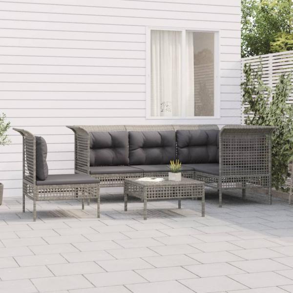 ARDEBO.de - 6-tlg. Garten-Lounge-Set mit Kissen Grau Poly Rattan