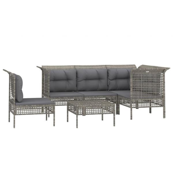 6-tlg. Garten-Lounge-Set mit Kissen Grau Poly Rattan