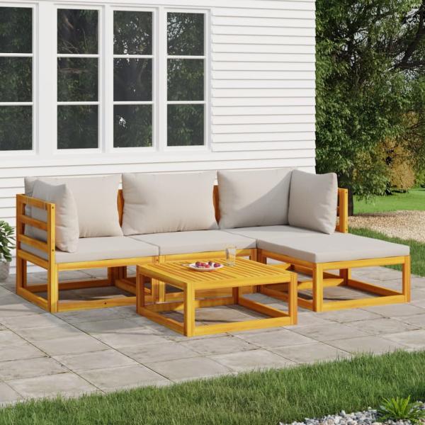 ARDEBO.de - 5-tlg. Garten-Lounge-Set mit Hellgrauen Kissen Massivholz