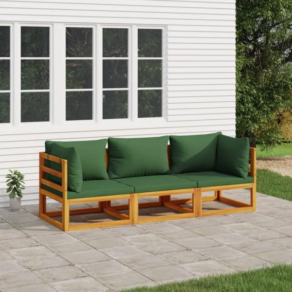 ARDEBO.de - 3-tlg. Garten-Lounge-Set mit Grünen Kissen Massivholz