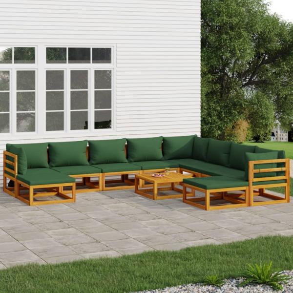 ARDEBO.de - 11-tlg. Garten-Lounge-Set mit Grünen Kissen Massivholz