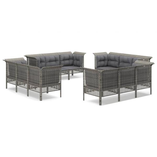 12-tlg. Garten-Lounge-Set mit Kissen Grau Poly Rattan