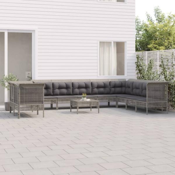 ARDEBO.de - 11-tlg. Garten-Lounge-Set mit Kissen Grau Poly Rattan