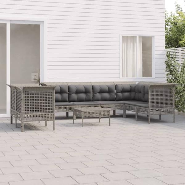 ARDEBO.de - 9-tlg. Garten-Lounge-Set mit Kissen Grau Poly Rattan