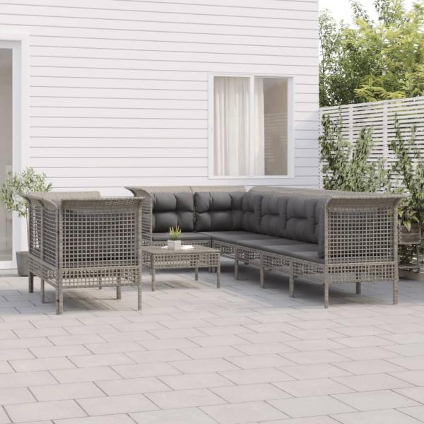 ARDEBO.de - 9-tlg. Garten-Lounge-Set mit Kissen Grau Poly Rattan