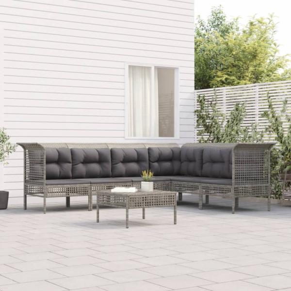 ARDEBO.de - 7-tlg. Garten-Lounge-Set mit Kissen Grau Poly Rattan