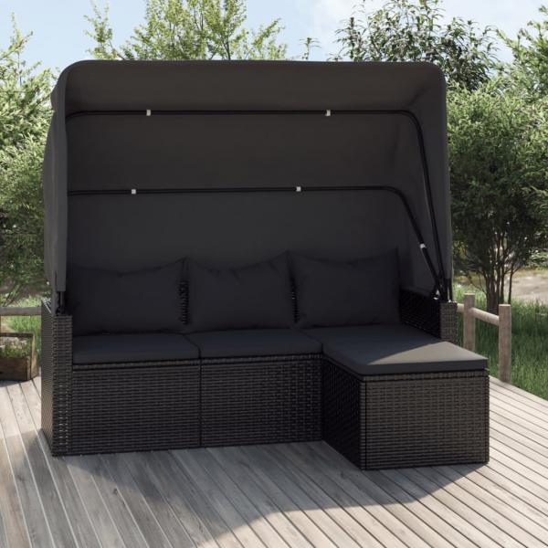 ARDEBO.de - 3-Sitzer-Gartensofa mit Dach und Fußhocker Schwarz Poly Rattan