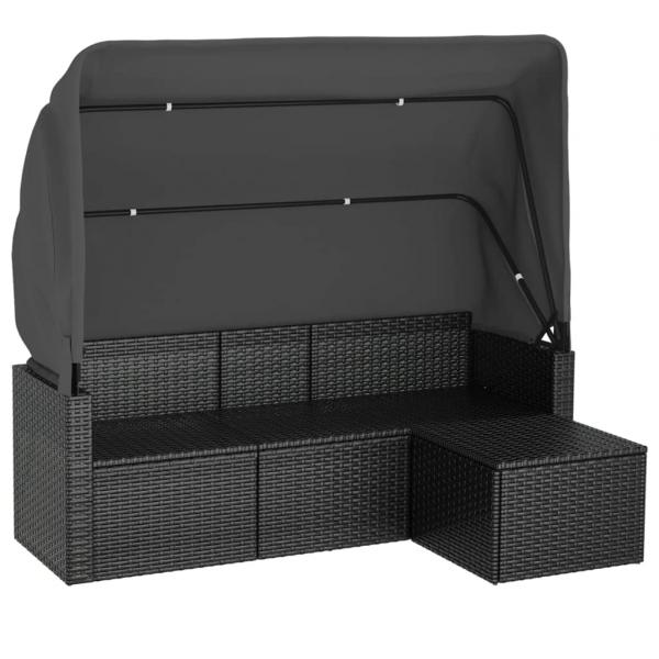 3-Sitzer-Gartensofa mit Dach und Fußhocker Schwarz Poly Rattan