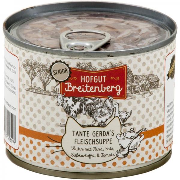 ARDEBO.de Hofgut Breitenberg Cat Senior Tante Gerdas Fleischsuppe Huhn mit Rind, Ente, Kartoffeln & Tomaten 180g