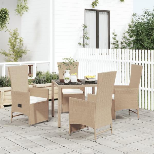 ARDEBO.de - 5-tlg. Garten-Essgruppe mit Kissen Beige Poly Rattan