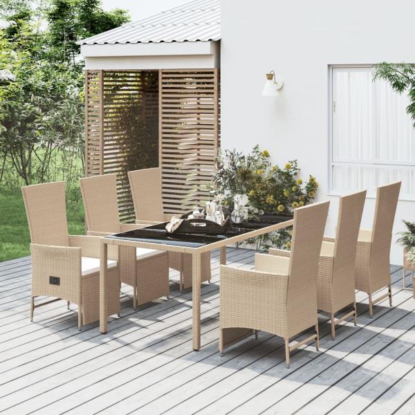 ARDEBO.de - 7-tlg. Garten-Essgruppe mit Kissen Beige Poly Rattan