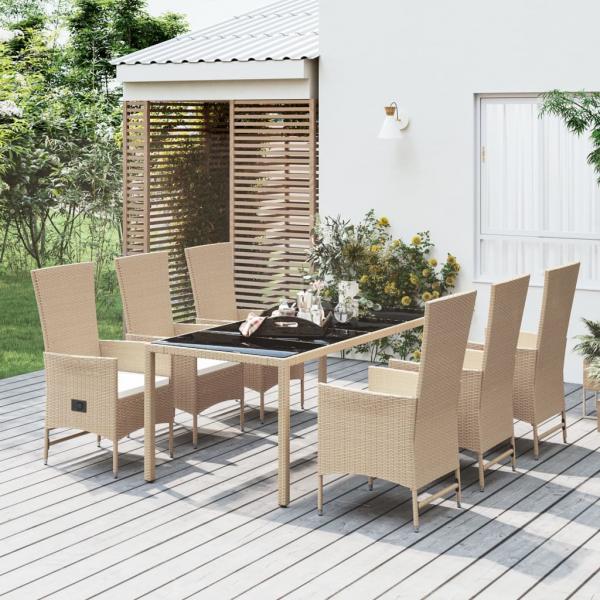 ARDEBO.de - 7-tlg. Garten-Essgruppe mit Kissen Beige Poly Rattan