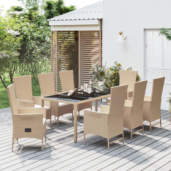 ARDEBO.de - 9-tlg. Garten-Essgruppe mit Kissen Beige Poly Rattan