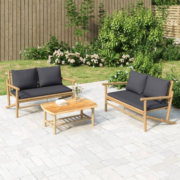 ARDEBO.de - 3-tlg. Garten-Lounge-Set mit Dunkelgrauen Kissen Bambus