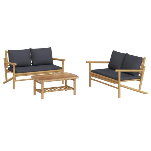 3-tlg. Garten-Lounge-Set mit Dunkelgrauen Kissen Bambus