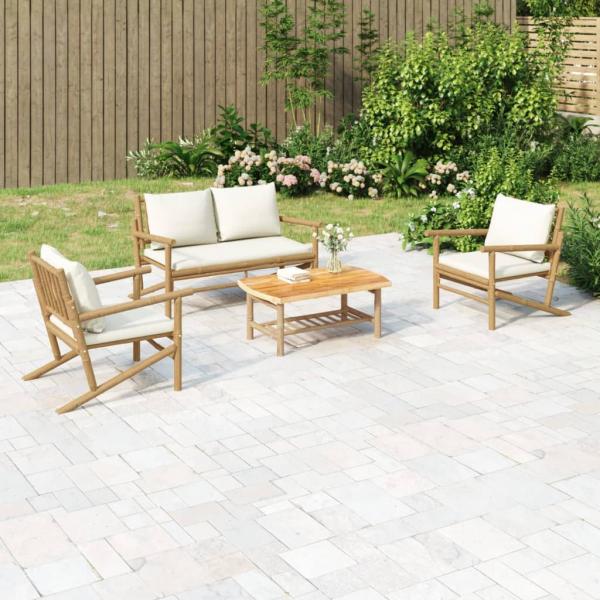 ARDEBO.de - 4-tlg. Garten-Lounge-Set mit Cremeweißen Kissen Bambus