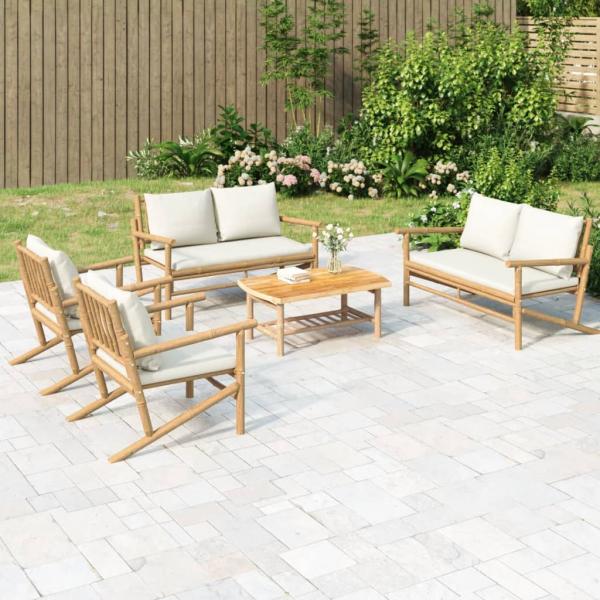 ARDEBO.de - 5-tlg. Garten-Lounge-Set mit Cremeweißen Kissen Bambus