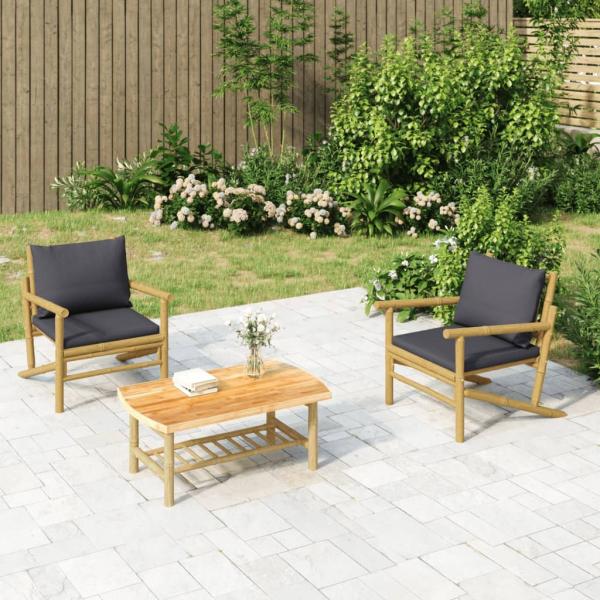 ARDEBO.de - 3-tlg. Garten-Lounge-Set mit Dunkelgrauen Kissen Bambus