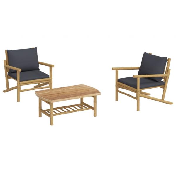 3-tlg. Garten-Lounge-Set mit Dunkelgrauen Kissen Bambus