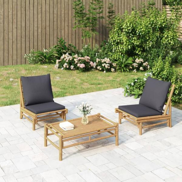 ARDEBO.de - 3-tlg. Garten-Lounge-Set mit Dunkelgrauen Kissen Bambus