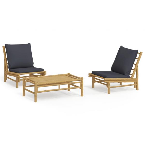 3-tlg. Garten-Lounge-Set mit Dunkelgrauen Kissen Bambus