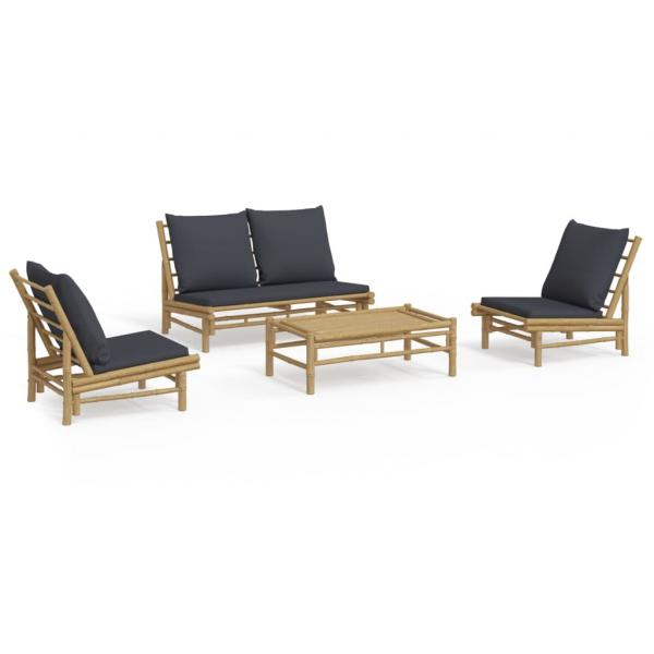 4-tlg. Garten-Lounge-Set mit Dunkelgrauen Kissen Bambus