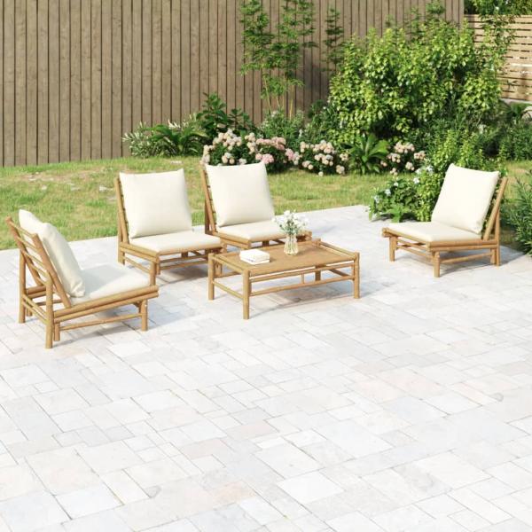 ARDEBO.de - 5-tlg. Garten-Lounge-Set mit Cremeweißen Kissen Bambus