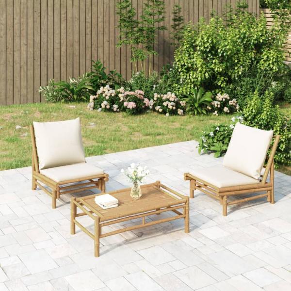 ARDEBO.de - 3-tlg. Garten-Lounge-Set mit Kissen Creme Bambus