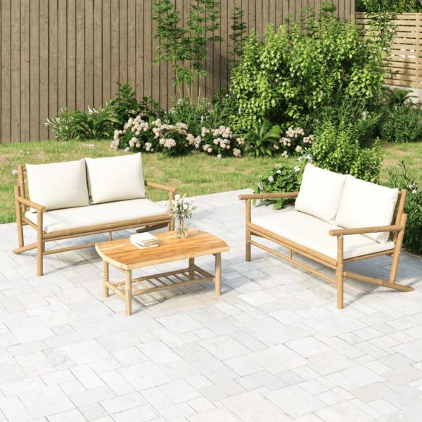 ARDEBO.de - 2-tlg. Garten-Lounge-Set mit Cremeweißen Kissen Bambus