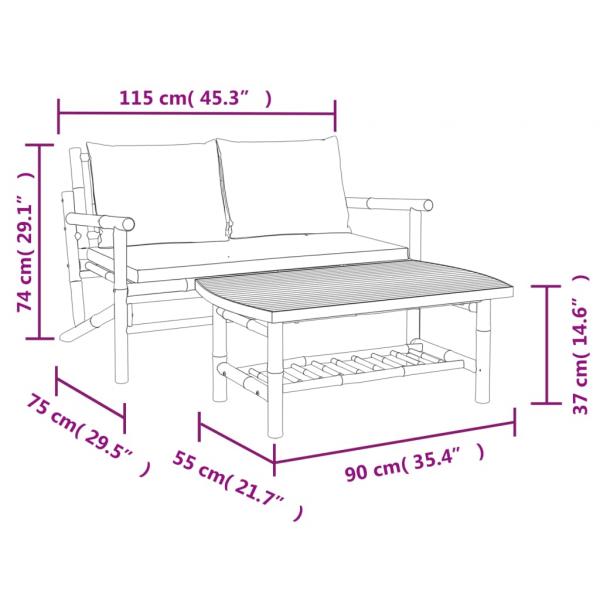 2-tlg. Garten-Lounge-Set mit Dunkelgrauen Kissen Bambus