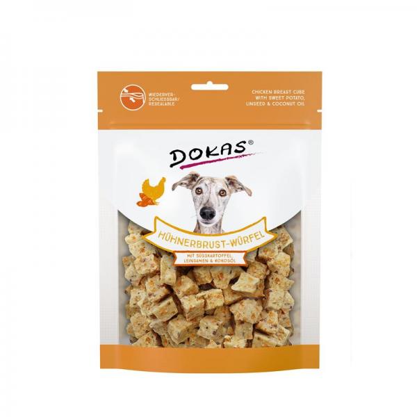 ARDEBO.de Dokas Dog Hühnerbrust-Würfel,Süsskartoffel, Leinsamen 150 g