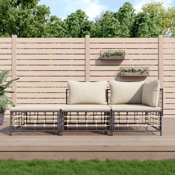 ARDEBO.de - 3-tlg. Garten-Lounge-Set mit Kissen Anthrazit Poly Rattan