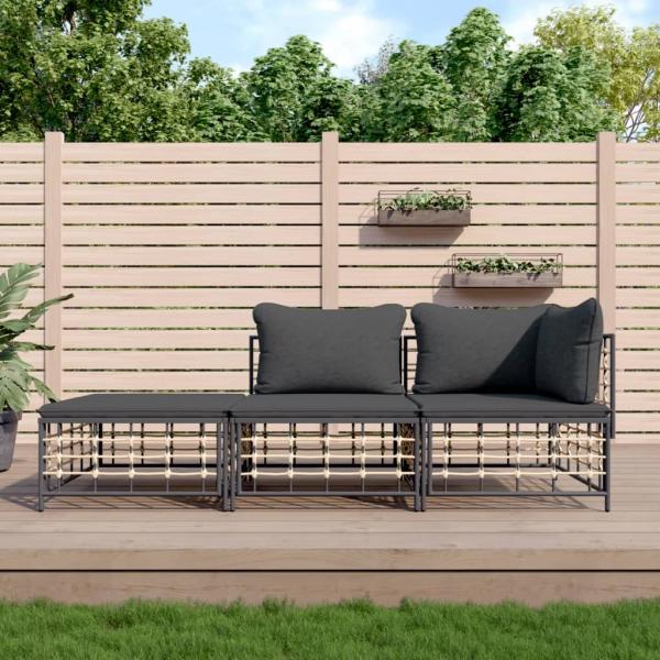 ARDEBO.de - 3-tlg. Garten-Lounge-Set mit Kissen Anthrazit Poly Rattan