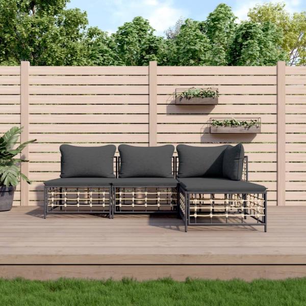 ARDEBO.de - 4-tlg. Garten-Lounge-Set mit Kissen Anthrazit Poly Rattan