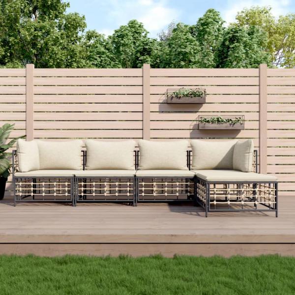 ARDEBO.de - 5-tlg. Garten-Lounge-Set mit Kissen Anthrazit Poly Rattan