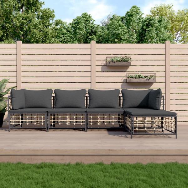 ARDEBO.de - 5-tlg. Garten-Lounge-Set mit Kissen Anthrazit Poly Rattan