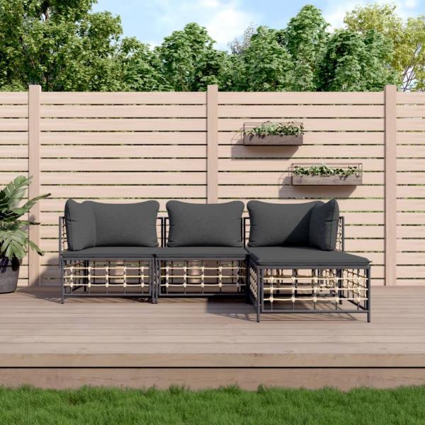 ARDEBO.de - 4-tlg. Garten-Lounge-Set mit Kissen Anthrazit Poly Rattan