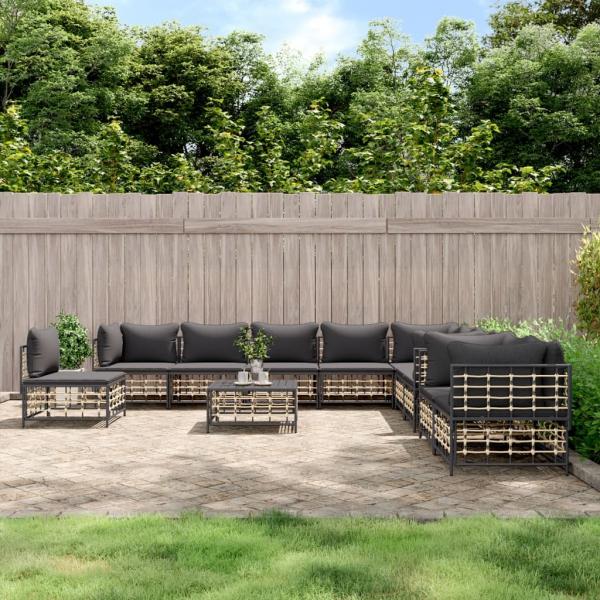 ARDEBO.de - 11-tlg. Garten-Lounge-Set mit Kissen Anthrazit Poly Rattan