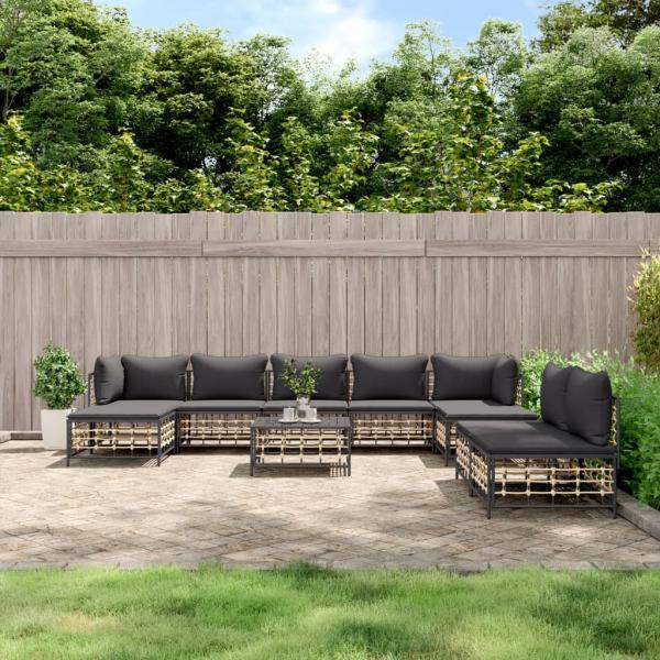 ARDEBO.de - 10-tlg. Garten-Lounge-Set mit Kissen Anthrazit Poly Rattan