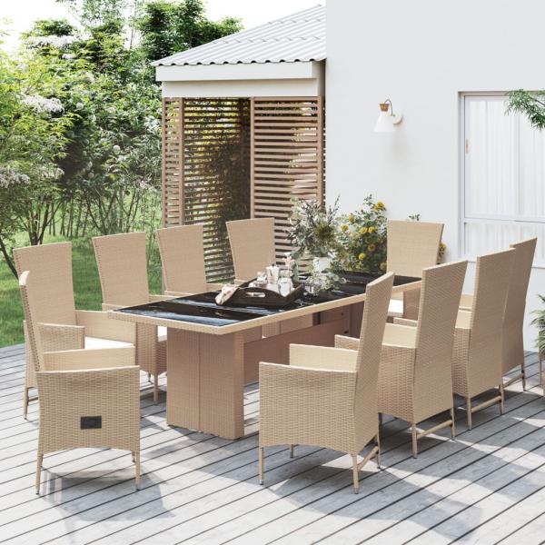 ARDEBO.de - 11-tlg. Garten-Essgruppe mit Kissen Beige Poly Rattan