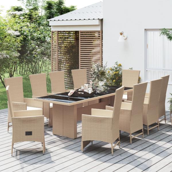 ARDEBO.de - 11-tlg. Garten-Essgruppe mit Kissen Beige Poly Rattan