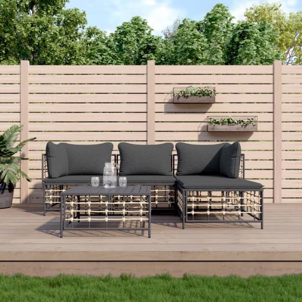 ARDEBO.de - 4-tlg. Garten-Lounge-Set mit Kissen Anthrazit Poly Rattan