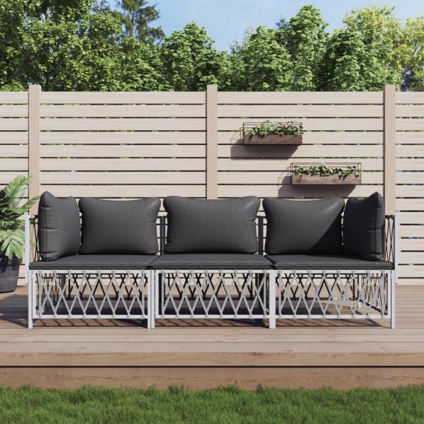 ARDEBO.de - 3-tlg. Garten-Lounge-Set mit Kissen Weiß Stahl